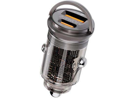 Promate Car Charger, Transparent 65W Ultra-Compact Car Adapter with USB Type-C Power Delivery Port, USB-A Port, Mini Handle and Heat Protection compatible for iPhone 17, Galaxy 23